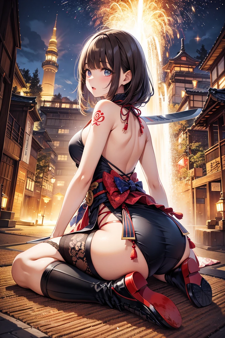 highest quality、cinematic lighting、kunoichi costume、black hair ponytail、Black panties、Edo castle town、The chest is greatly exposed、Fishnet tights、(Photo 1 seen from below:1)
