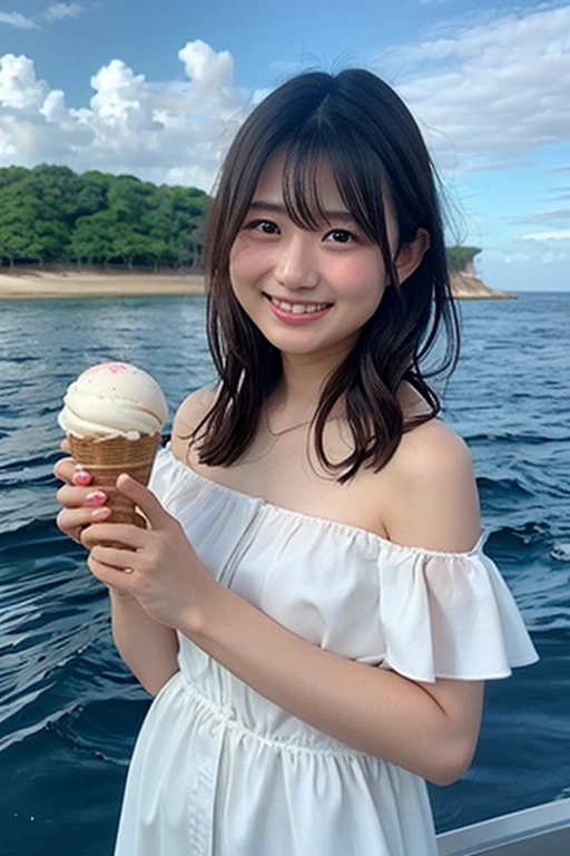 12 years old、smile、Shining eyes、stare、Swimwear、Licking ice cream