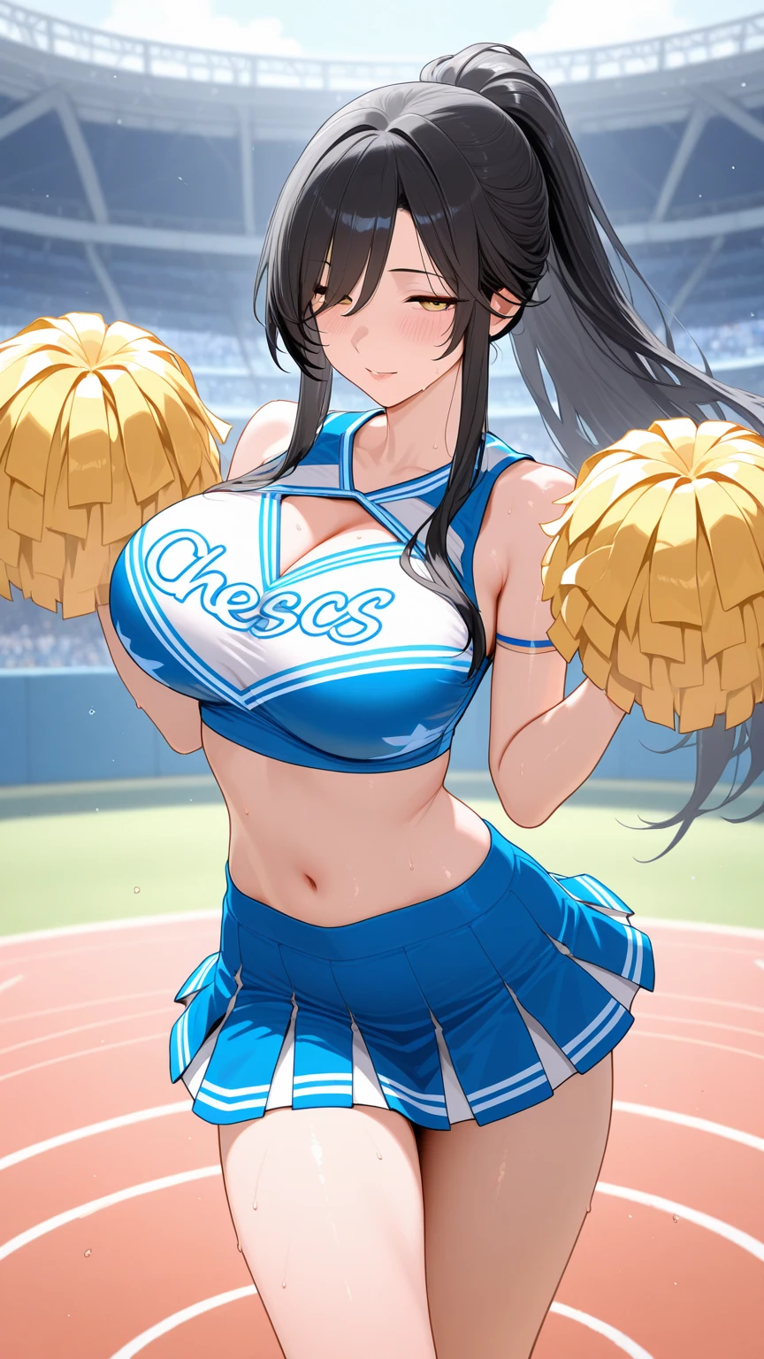 (18 year old), college cheerleader, being lifted high in the air, (toned thin legs), (round cute butt), wearing (skimpy cheer uniform:1.1), (view up her cheer skirt), background is evening sky, stadium lighting, (highly detailed body:1.2), (highly detailed face and eyes:1.1), masterpiece, imperfect skin, (detailed hand and finger:1.1), (huge breasts:1.1), (bimbo), (deep cleavage:1.1), (labia outline:1.2), (teat outline:1.2).