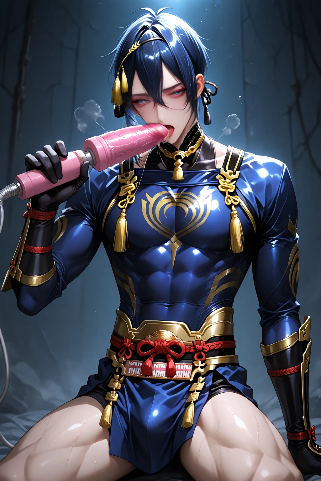 score_9, score_8_up, score_7_up, rating_explicit, source_anime, handsome guy, muscular, undercut, plum color, spread legs, thong, danganronpa style, Dark environment, sexy suit, black hair , Freckles, low angle, butt, navel, male only, manly