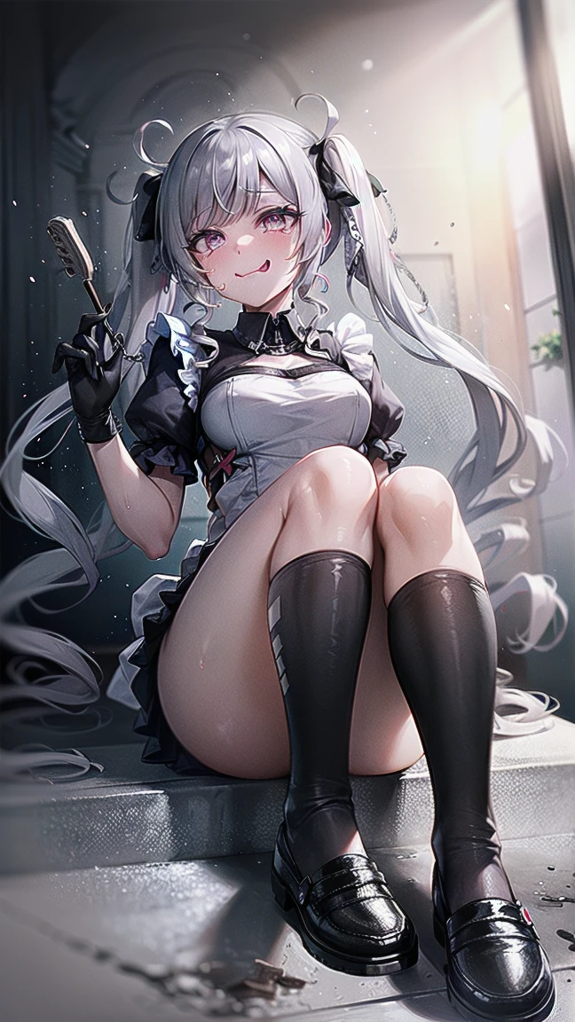 Maid, giant breasts, loli, nsfw, barefoot, exotic pose, kitchen