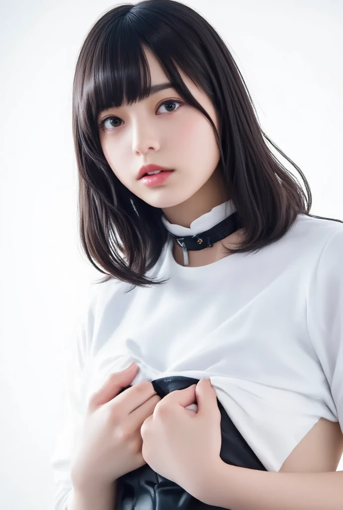 best quality, ultra high res, (photorealistic:1.4), 1girl, off-shoulder white shirt, black tight skirt, black choker, (faded ash gray hair:1), (huge breasts:1.2), looking at viewer, closeup ,