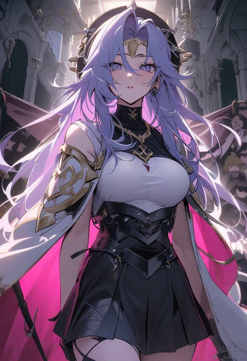 (masterpiece), best quality, kind, dragon woman, late 20s, feminine, heterochromatic eyes, curved horns, long pastel purple hair, starry night, modern clothing, himedere