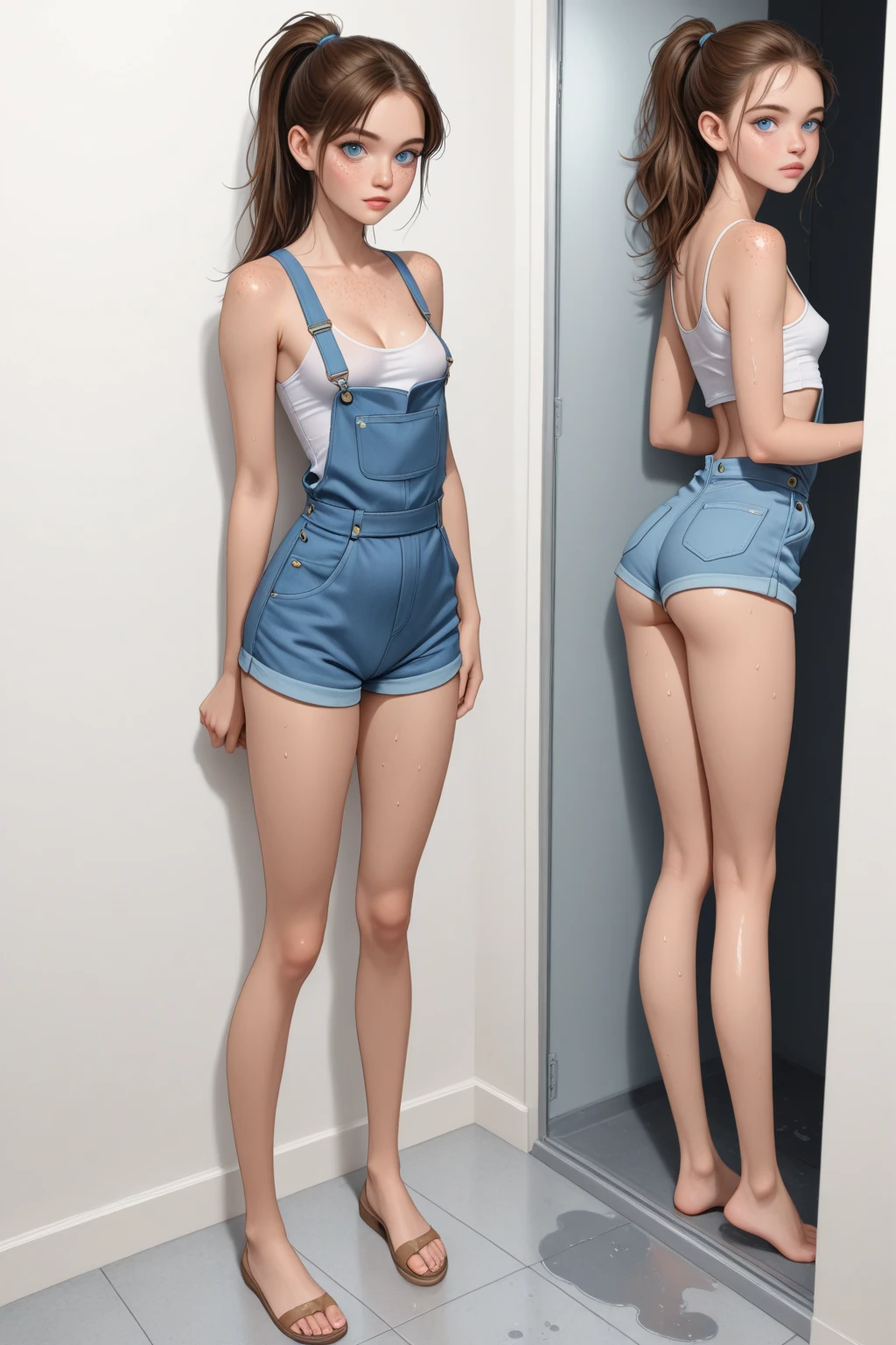 (tall woman with slender figure), (she stands upright in a dark bedroom), ((dark red very long hair)), (small head), ((dirty skin)), ((detailed realistic face and eyes)), cinematic lighting, 8K resolution, ((crop shirt)), ((butt is in focus)), ((round crisp butt)), ((denim mini skirt)), (((perspective from behind))