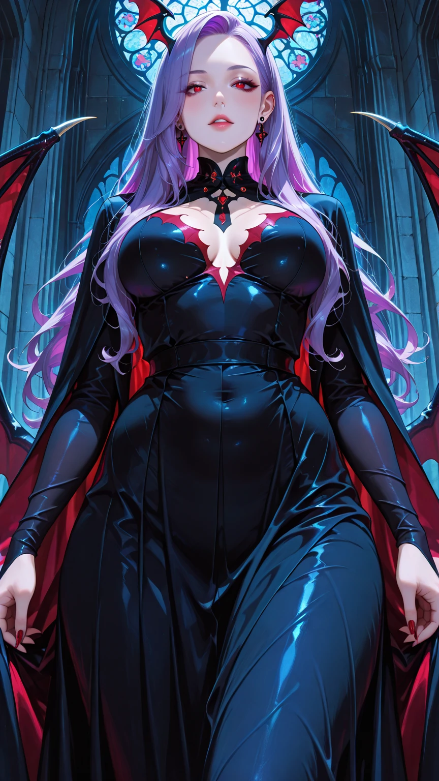 A beautiful vampire girl standing with her sharp wings spread, 1girl, solo, mature, big boobs, pink lips, red and black wings, sharp wings, white background, purple hairs, glowing red eyes, heels, ,more prism, vibrant color, 