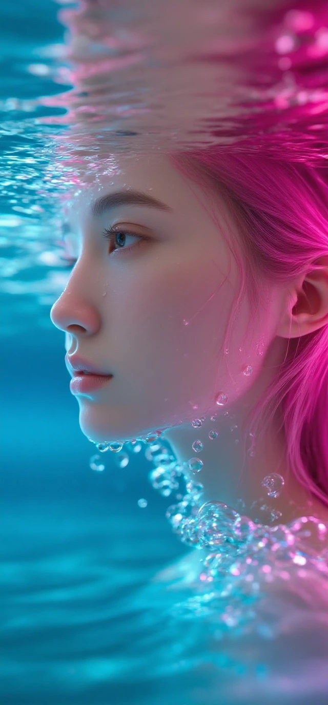 mulher de 18 anos de verdade, Cabelo rosa longo e olhos azuis, thick, shiny pink lips, she&#39;s on the ocean snorkeling train, no meio dos coraux, she is in the ocean, vestindo um traje de mergulho feminino rosa escuro.
