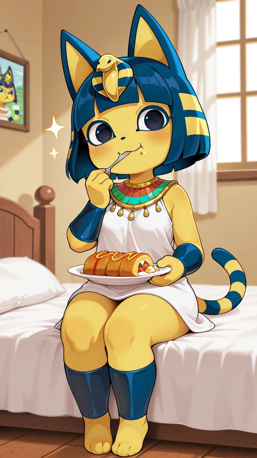 ((best quality)), ((highly detailed)), absurdres, (detailed eyes, deep eyes), (1girl), full body, <lora:AnkhaaaV1.3:.8>, ankha, blue hair, hair ornament, purple eyes, half-closed eyes, yellow skin, striped tail, (petite), egyptian, :<, medium breasts, (white dress), hieroglyphics, (indoors, in a laundryroom)