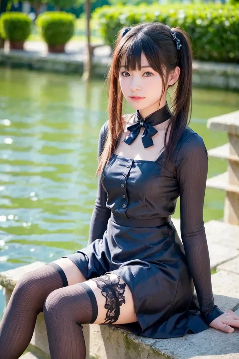 masutepiece, Best Quality, hight resolution, memic, Short hair, Ponytail, tusk, Animal ears, Cat tail, Hair Ornament, Hair Ribbon, medium breasts, Dress, Cowboy Shot, Smile, opens legs、Open mouth, Night