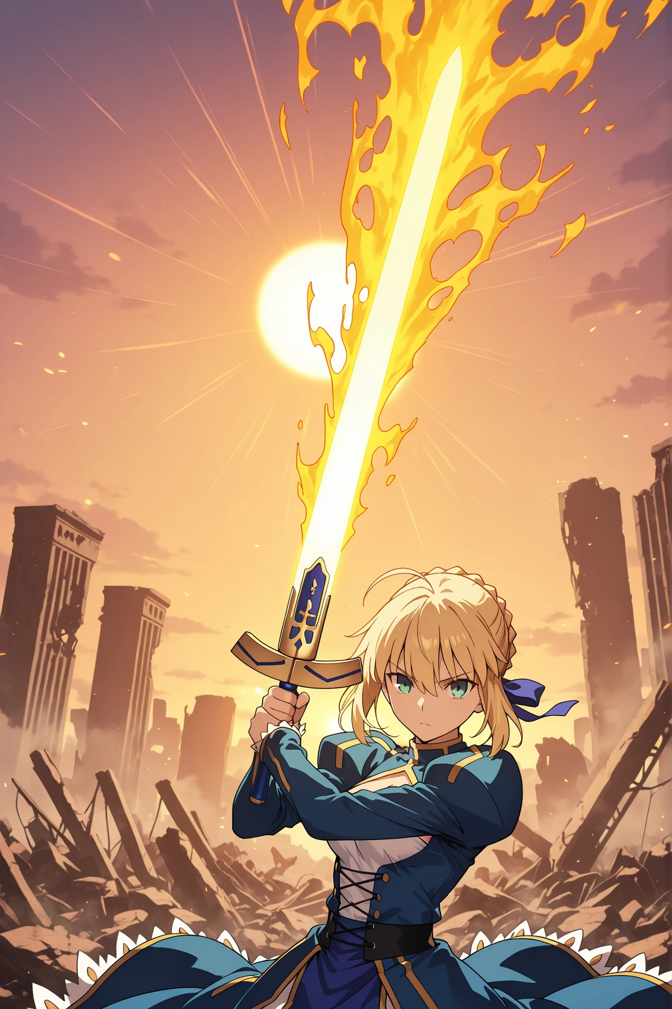 masterpiece, best quality, amazing quality, very aesthetic, newest, hyper-detailed, upper body, close-up, 1girl, artoria pendragon \(fate\), fighting stance, holding sword, excalibur \(fate/stay night\), glowing sword, yellow fire, fiery sword, ruins, amazing background, cloudly sky, sun, sunbeam, sunshine, bokeh, depth of field, absurdres, highres