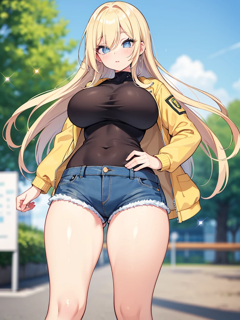 Girl, Long hair, blonde hair, forehead, dark green eyes, big breasts, embarrassed, closed mouth, Standing, Bikini top only, denim shorts, jacket, City