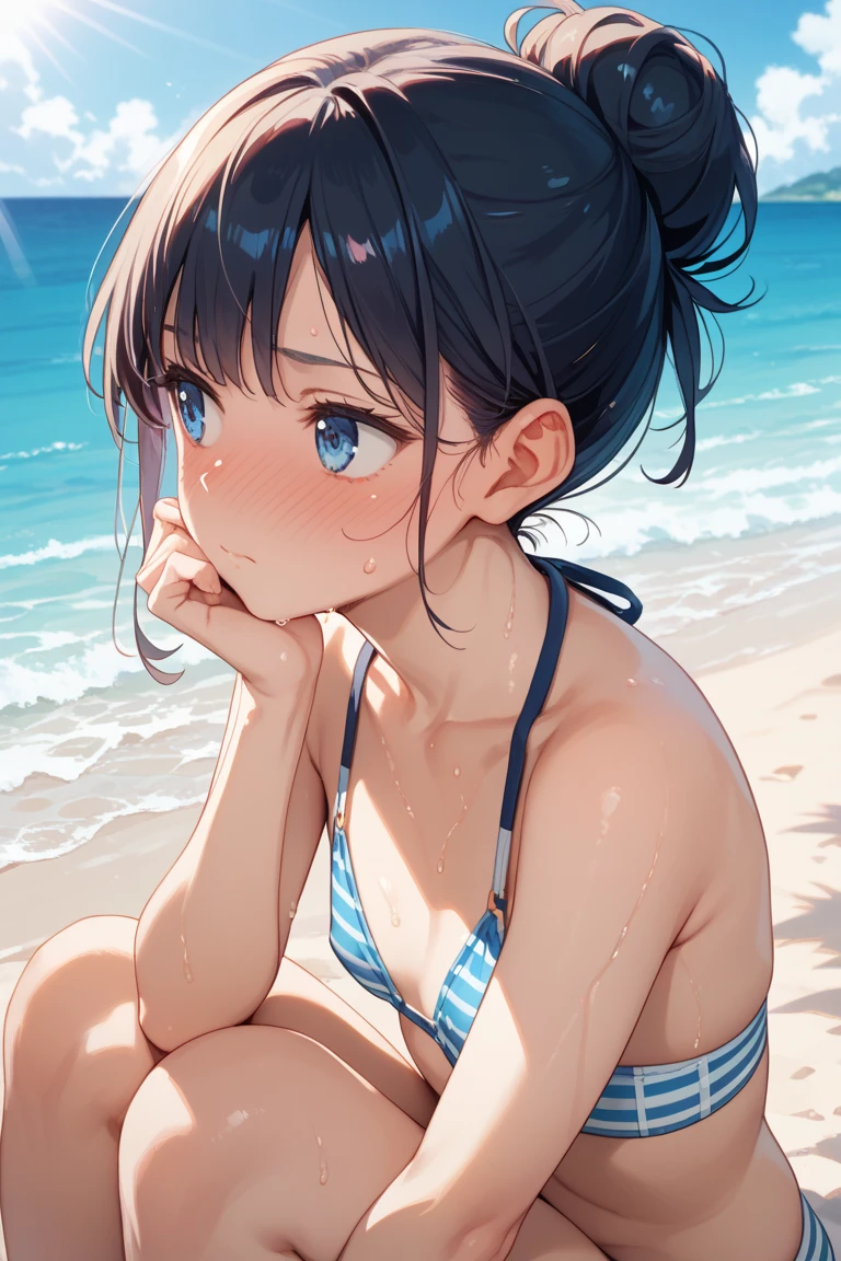 Highest quality,RAW Photos , 15 year old Japanese female idol, Face close-up ,From above , Leaning forward, Squat, , Knee-length , underwear ,short hair, Bowl Cut ,Cute Face ,Edgy,Drooping ,Wet , At the Beach, rain,
