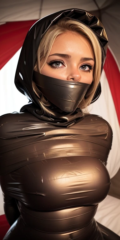 very vivid colors, 1 blonde mexican girl 18 years old, muscular and big body, mummified whole body with tape, hands tied behind her back, really huge breasts, She is gagged and the rubber tape is wrapped tightly around her head, covering her lips and chin and leaving her unable to speak, she is lying on a pile of latex pillows inside cozy latex tent, she is looking to the camera, sad , trying to struggle,
