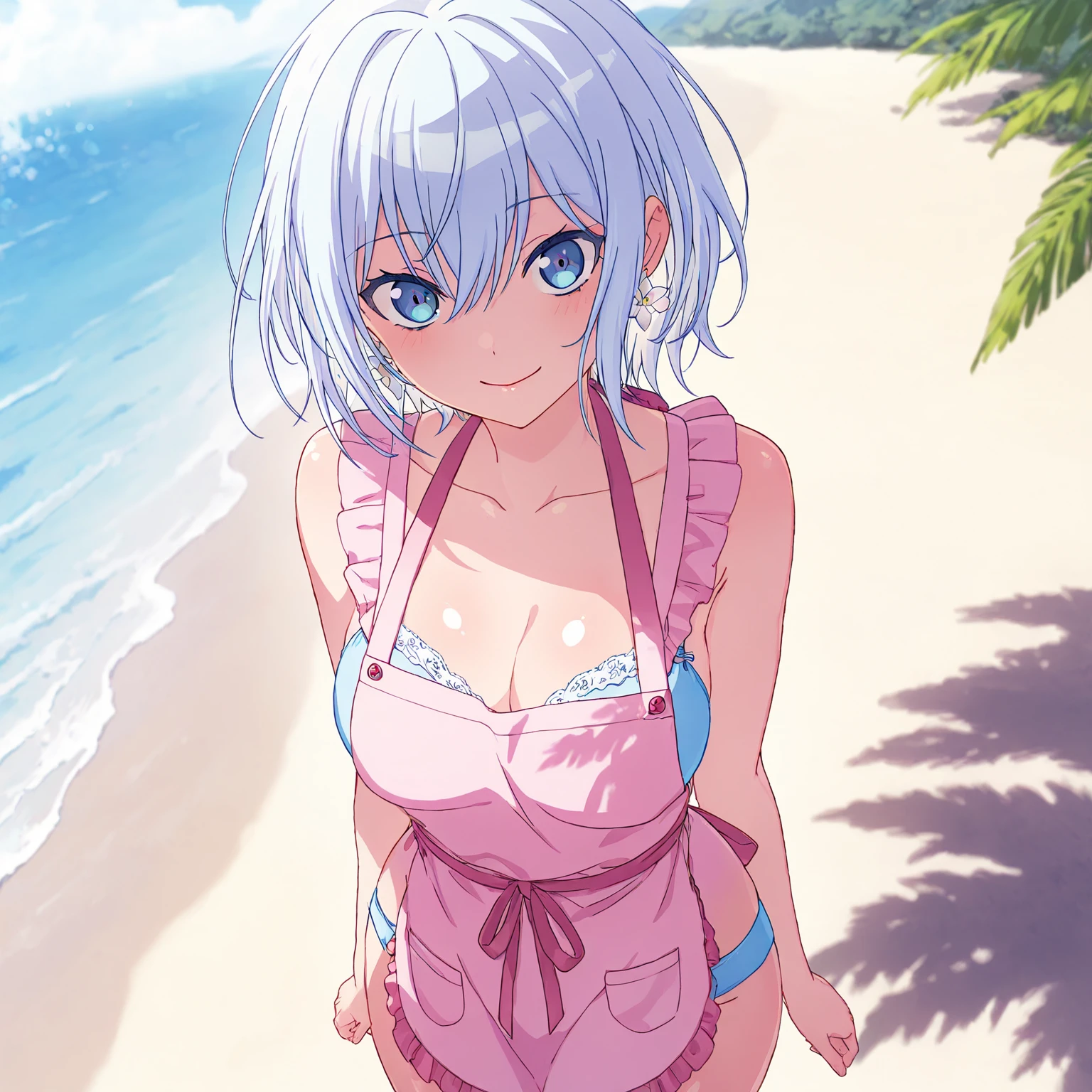 (anime artwork, anime style, studio anime, very detailed, up to date, vibrant, Anime Coloring, high contrast, masterpiece:1.2, best quality, best aesthetics),2 girl,hug from behind,bikini, Medium chest, A glimpse of thighs,random hair, One eye is hidden by the bangs, perfect proportions, high detail skin, Cute, detailed faces,beach, precise fingers,curvy,swim suits  crowd, dark skin,cocoa skin, swim suit tanned,full body 