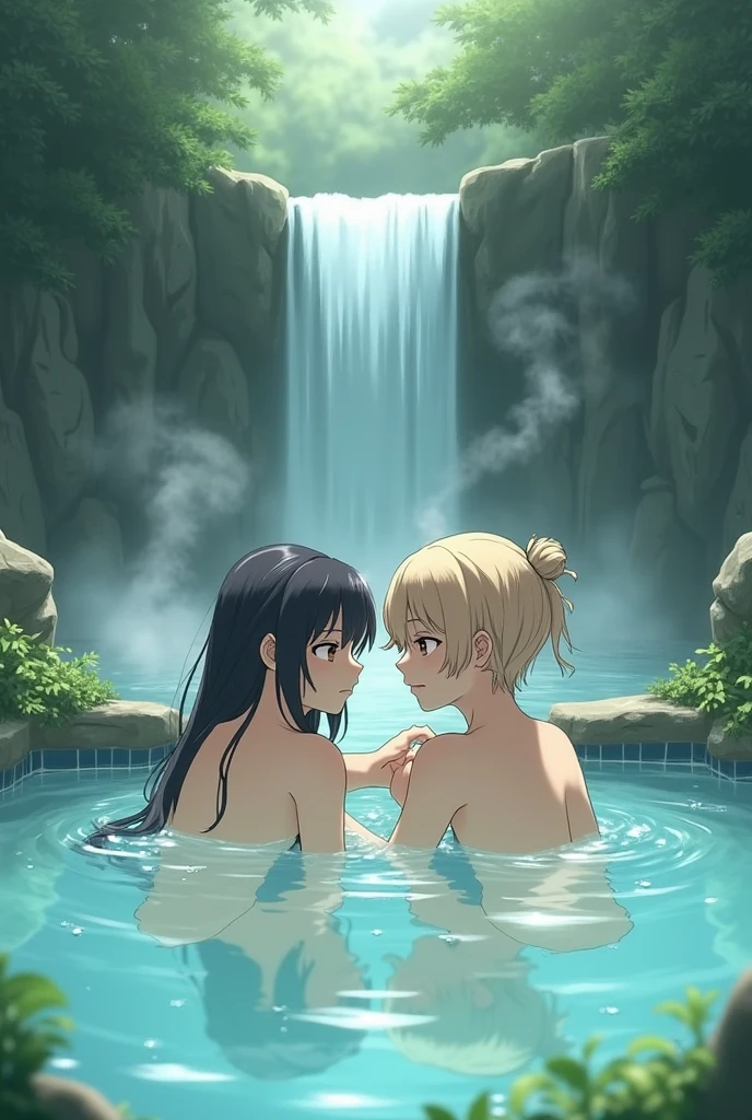 masterpiece, best quality, ultra-detailed, two young girls in (bottomless:1.5) walking in shallow waters next to each other, (nude), multiple girls, 2girls, , holding hands, flat chest, black hair, (pussy:1.5), water, navel.