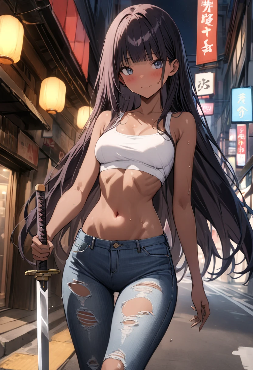 (((masterpiece, highest quality:1.3,absurdres))),25 year old beauty,solo,((very small head:1.2)),long hair,bangs,dark blue hair,dark blue eyes,gorgeous eyes,blush,smile,medium breasts,((very long body:1.2)),((toned body,slender body)),skinny,tan skin,gleaming skin,shiny skin,sweat,((Denim hot pants)),((White tube top,navel)),Holding a sword in both hands、on street,Tokyo、at night、