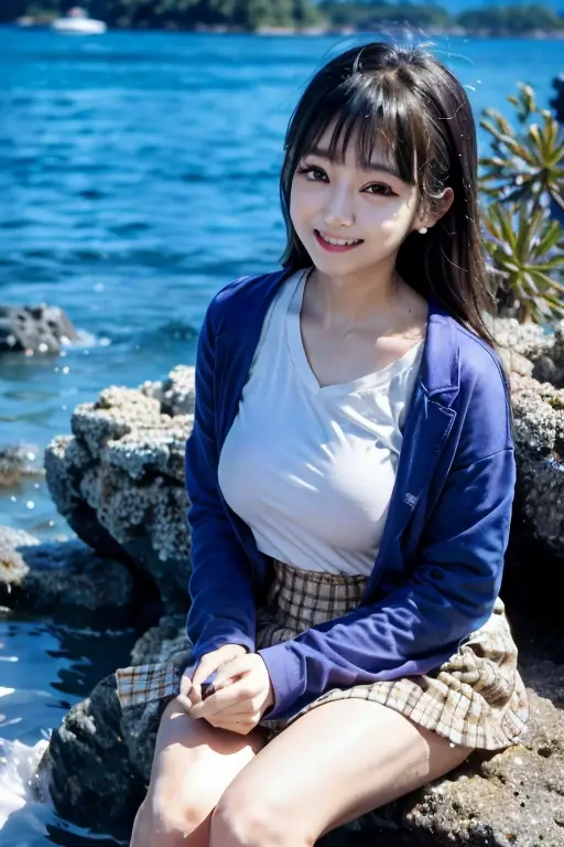 ((highest quality)), ((masterpiece)), (detailed), Perfect Face、4K、cute、Well-formed face、Marugao、Baby Face、１８Year Old High School Girl、A little BBW、Large Breasts、Ocean岸、A big smile、Date with boyfriend、Navy Blue Blazer、White shirt、uniform、Checked skirt、Medium Bob Hair、Oceanでジャンプ、Get wet、Water Play、Ocean、Dragon Ball、One Planet、Ocean
