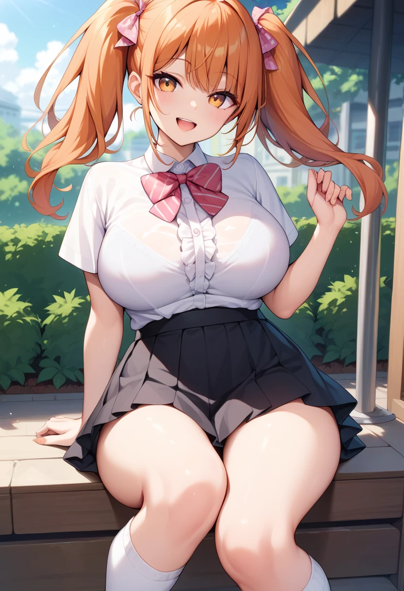 A high resolution, Ultra detailed, (1girll:1.3), (Dynamic pose):1.0 BREAK, 1 extremely beautiful and glamorous anime girl sitting on the park bench at night, wearing a white collard shirt and a knee-length long pleats skirt, (Black stockings), she has red wavy pony-tail hair style, huge-breasted, Smile, cheerfulness, Wind, 8 life size, Detailed clothes, Detailed body, detailed arms, human hand, Detailed hands, upperbody shots, Hip focus, Blush, Light smile, looking a viewer, Facing the viewer, staring at the audience, The beach is brightly lit around，with stars shining in the sky, Studio soft light, Cinematic light, Detailed background, Realistic, Ultra-realistic, Masterpiece, 32k ultra-sharp image,