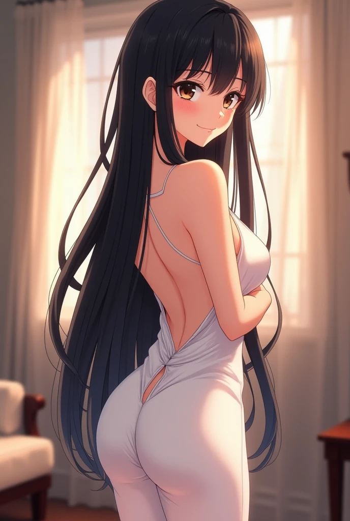 ((masterpiece,best quality anime,Highest quality:1.3)),realistic,cowboy shot,(30 year old beauty),Female ninja、1woman,solo,((very small head:1.4)),((very long body:1.3)),black hair,bangs,straight long hair,gorgeous big eyes,black eyes,shy,((tan skin:1.5)),((slender body:1.3,skinny)),medium breasts,gleaming skin,shiny skin,(linen clothes,loincloth),sweat:1.3,Japanese-style room、Japanese-style house、nsfw,