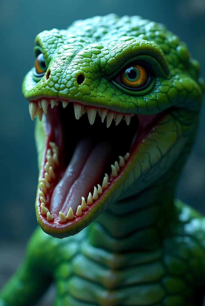 Create the image of a female lizzard humanoid. Realistic. She is Laughing out loud, She has a dark green skin, She has many sharp teeth, long arms, She is tall, skinny, evil, yellow eyes, black dark background,