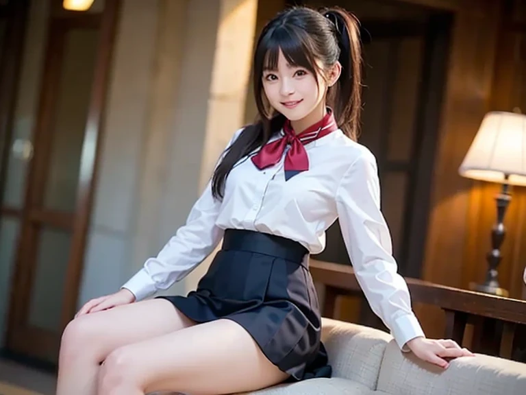 A high school girl sits on a chair with her knees raised and her legs wide open、Navy blue uniform、A big red ribbon on the chest、mini skirt、No underwear、No bra、Long black hair、ponytail、Big Breasts、Moist eyes、Embarrassed expression、Droopy eyes、White knee-high socks、Baby Face、Plump Cheeks、White blouse wet in the rain、Cleavage、Pink nipples are see-through、A girl is lifting her skirt with her hands to show her genitals.