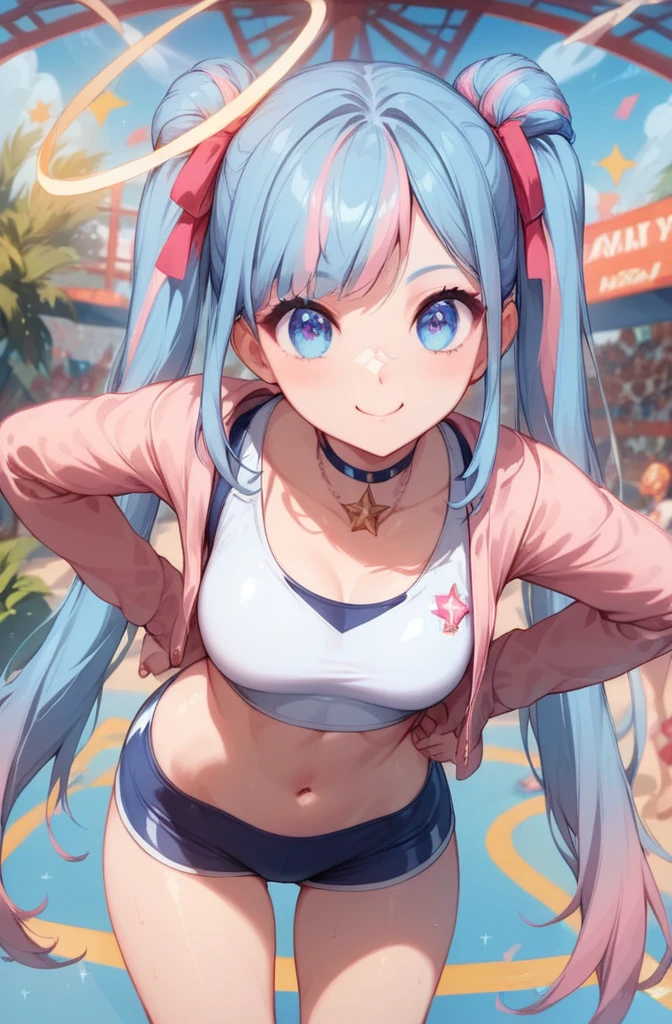 (Highest quality, masterpiece, RAW Photos,Very detailed:1.2), One girl,alone,View your viewers,smile,Many colors, Neon Light, city, rainbow, sharp, dream, , Large Breasts, star, Beach, Dynamic pose, From above, Spread your arms, Pop Art,