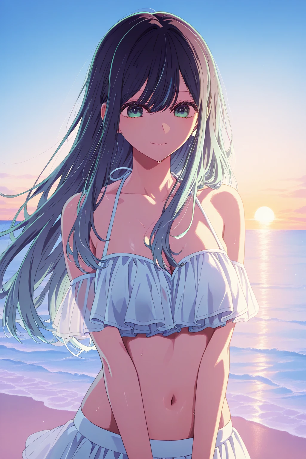 Yukino, yukino yukinoshita, Black Hair, blue eyes, Long Hair, Ahoge,White frilly bikini swimsuit,barefoot,Water Play,smile,blush,Open your mouth,Wet Hair,Wet Skin,Wet swimsuit,True Summer,Daytime,Clear skies,whole bodyがイラストに入るように,
break outdoors, Beach,
break looking at viewer,whole body, (Cowboy Shot:1.5),
break (masterpiece:1.2), Highest quality, High resolution, unity 8k wallpaper, (figure:0.8), (Beautiful attention to detail:1.6), Highly detailed face, Perfect lighting, Highly detailed CG, (Perfect hands, Perfect Anatomy),
