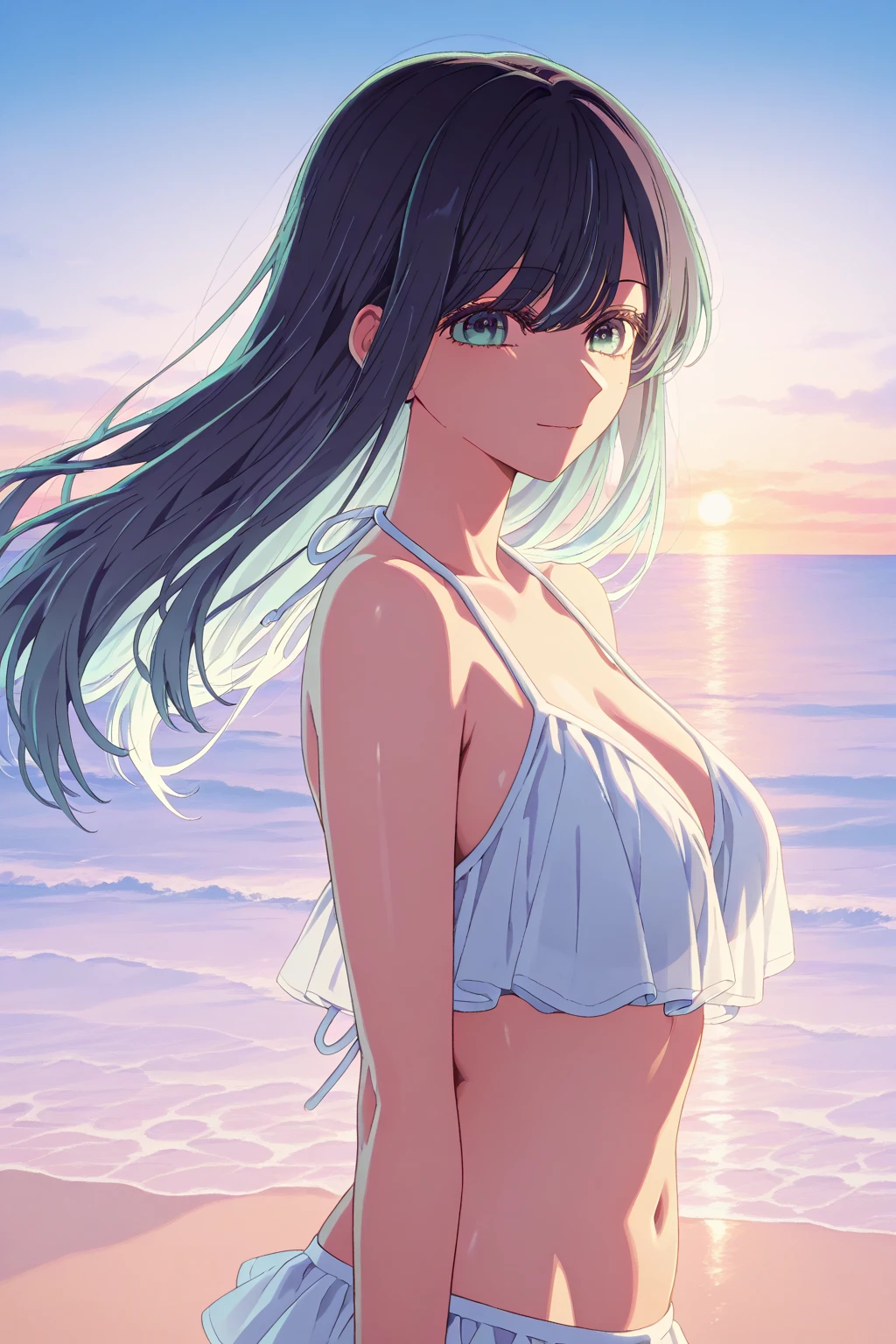 (Highest quality:1.4、masterpiece:1.4、Super detailed:1.4、8K:1.4)、F cup bust、Big Breasts、Slim body、((((1 person、Surprised expression、sit、In the background are the urban buildings of Tokyo、looking at the camera、Outdoor café terrace、Navy hair color、From an angle、juice、table、Very cute face))))、((nude、Areola、bikini size too small))、(Sunset Beach:1.4、sunset:1.4)、Big eyes、((((Shallow depth of field))))