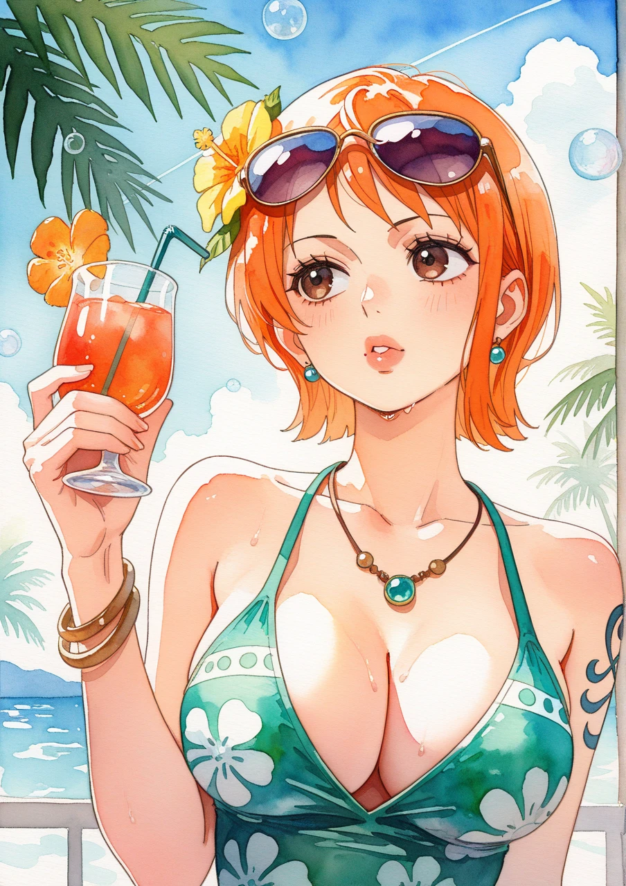 atmosfera sombria oleosa estilo yuyu Hakusho ful hd 4k 100 lines art Elza frozen power Fenix + Sakura sexy seios pequenos e empinados slim with long aqua short orange neon hair lounges on a beach towel under a colorful umbrella. She wears a black neon maio with frills and a sheer, olhos verdes de Sharingan decorated cover-up, appearing relaxed while using a laptop. The background features a tropical beach scene with palm trees, soft waves, and a clear blue sky dotted with clouds. Sunlight glistens on her skin, and a glass with a drink sits nearby.