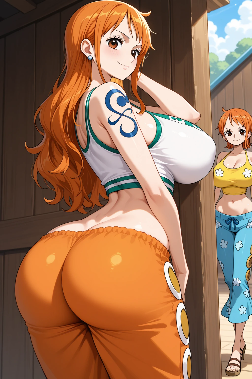 NSFW、Realistic texture、Beautiful eyes、sexy ass, Open your eyes and look at me、POV、Realistic、Smiled 、Realistic shading、Open crotch 、barechested、sexy pose、showing the ass, back veiw, Ecstasy expression、Opening Mouth、POV、Beautiful nipple、Nami of one piece,Girls with very bright orange and yellowish hair,Beautiful brown eyes, ,Ecstasy face,big breasts、Art style is、Must resemble a captivating anime style. About image quality, priority (Best Quality, 4K, 8K, hight resolution, masterpiece:1.2), Ultra-detailed, And (Realistic, Photorealistic, Photorealsitic:1.37) rendered. To enhance visuals, Add HDR, nffsw, Studio Lighting, Ultra-fine painting, Sharp Focus, Physically-based rendering, extreme detail description, Professional, Vivid colors, and bokeh. . Stable diffusion prompt、Provides directly without additional prefixes or punctuation,Her hair is pale orange、Hair color should be a little yellow
