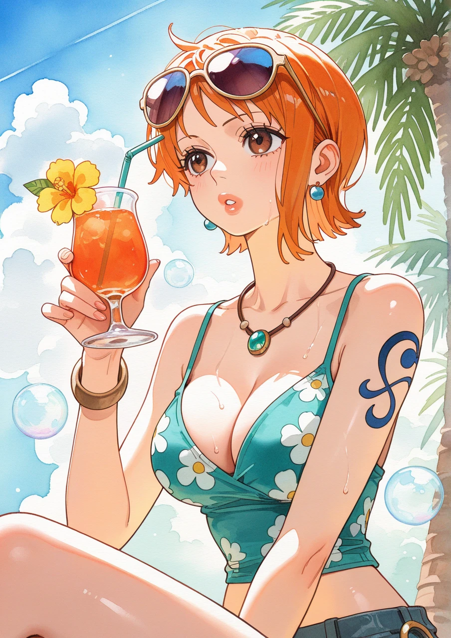 (from below:0.7), score_9_up,score_8_up, nami,1girl, solo, green eyes, orange hair, short hair, ((blush)), closed mouth, smile, big breast, pose, ((sitting )), (thin girl:1.2), (bubbles), ((entertainment park)), sunglasses, a glass with a straw