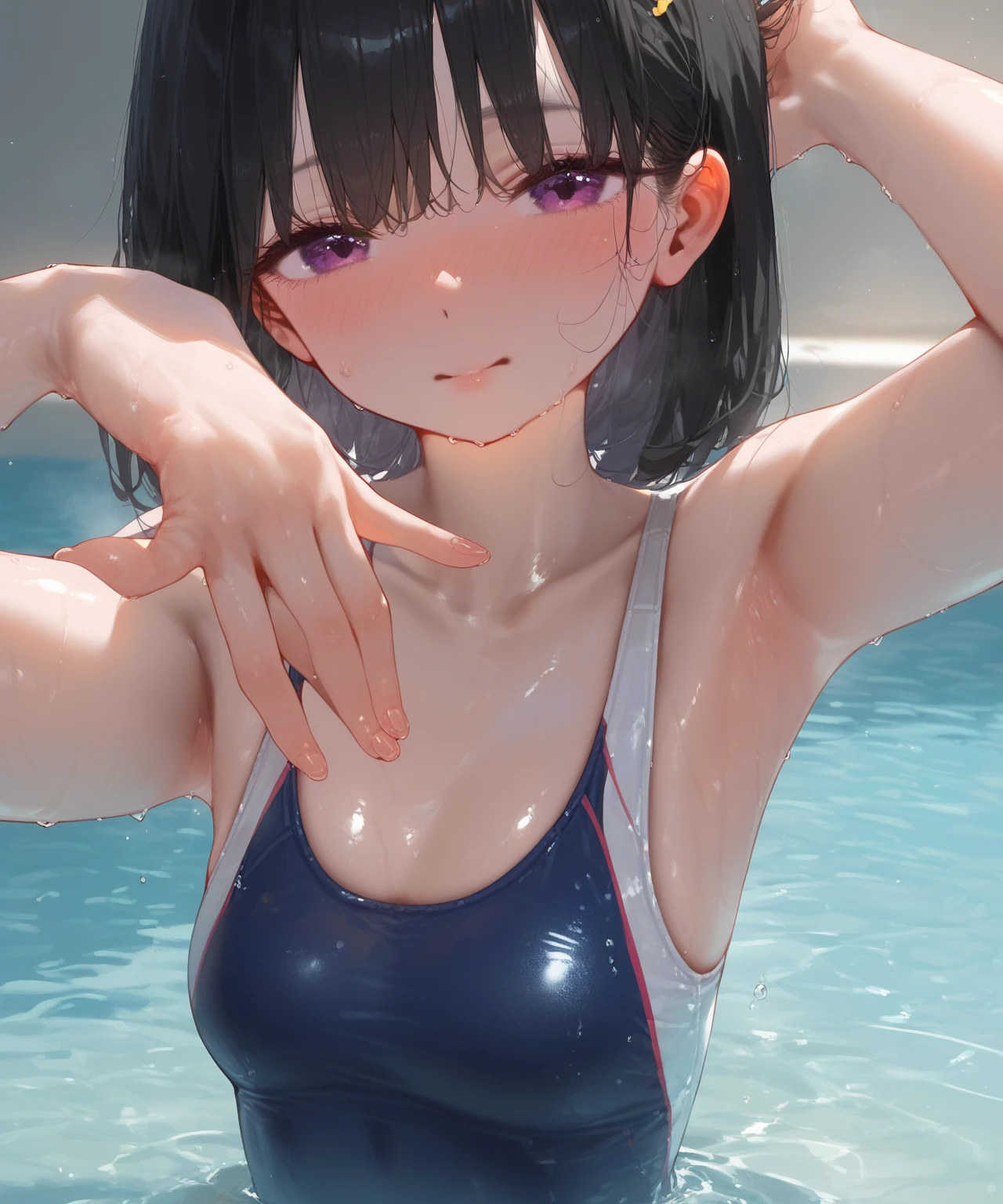 (((Perfect Anatomy, Anatomically correct, Very detailedな肌))), 1 girl, Japanese, Elementary school girl, Shiny skin,
Beautiful Hair, Beautiful Face, Beautiful fine details, Boyish hair, short hair, Black Hair, blue eyes, Baby Face, Mole under the eye,
Beautiful clavicle, Beautiful body, Beautiful breasts, Visible nipples, Small breasts, Beautiful thighs, Beautiful feet,
((Navy one piece swimsuit, Navy school swimsuit, barefoot)), Captivating thighs, ,
((Ahegao, Embarrassing, Drooling, Open your mouth, Sweaty)), ((Spread your legs)),
(Beautiful views),
8k, highest quality, Masterpiece:1.2, Very detailed), (Realistic), Beautiful illustrations, Natural light, Is urinating