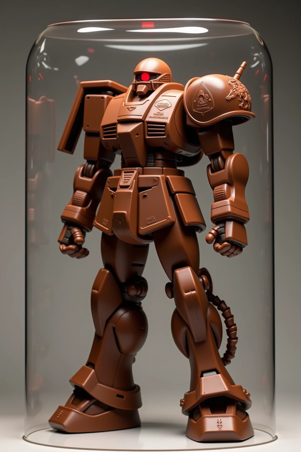 High-definition image, 4K, mobile suit ZAKU II made of edible chocolate, ZAKU II made of edible chocolate can be seen. ZAKU II's body is made of edible chocolate, and the single eye on the front of ZAKU II's head is made of red chocolate. ZAKU 2 stands in a cylindrical acrylic display, the Godiva logo and the figure of a nude woman riding a horse are engraved on the shoulder of the body、