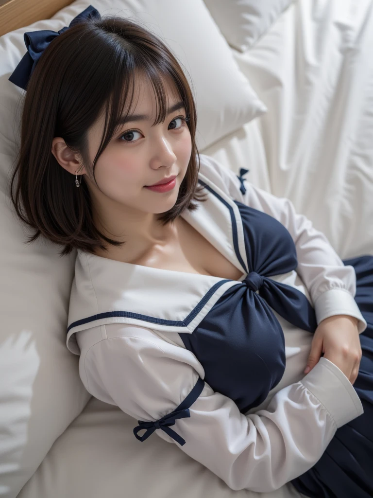(((top-quality、Masterpiece、超A high resolution)))、((Shot in a love hotel))、((Photo of a 23-year-old police officer))、((Light black hair with fringe))、(((Smiling at the camera:1.5)))、(((She always sits on the bed with her legs boldly open:1.5)))、(((One 23-year-old busty schoolgirl with short hair with bangs:1.5)))、(((Her body is always wet with liquid)))、(((Her uniform is always wet with liquid)))、(((Super detailed cute face、Ultra detailed white skin、Ultra-detailed eyes、Ultra detailed sailor suit、Ultra-fine natural makeup)))