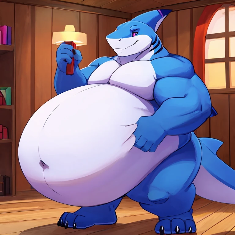 Profile picture of a ((Solo)), 1 boy, male, very largest, ((bara)), buff, extremely thickened overweight body, ((((1500 pounds)))):2, ((((((massive fluffy belly)))))):1.5, (((((massive thighs, massive curves, massive pecs, massive biceps))))):2.5, ((((blue colored)))), ((hunky)) (((Dinosaur))) with, (((dinosaur snout))):1.3, wearing collar, (((cap))), (((tshirt))) and ((briefs)), (bulge, very detailed crotch bulge, bulging, horny bulge), holding belly, looking at viewer, cute smirk, bedroom, by zackary911, by darkgem, posted on e621, posted on FurAffinity