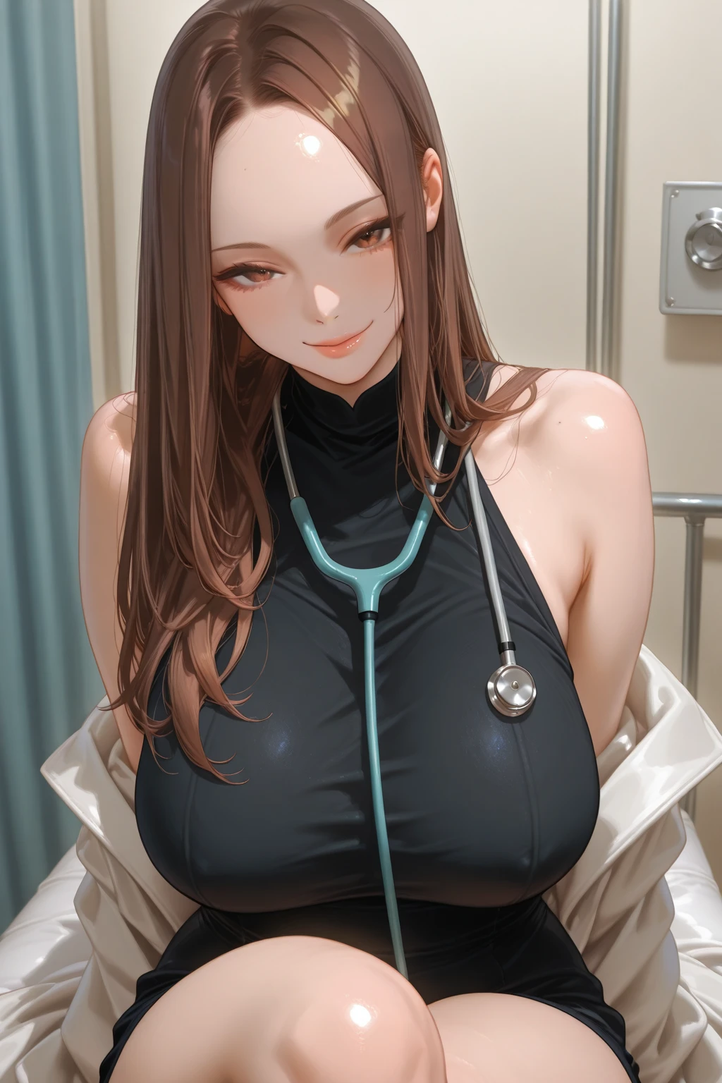 (1lady solo), sitting, (looking at viewers), (sleeveless white lab coat) stylish outfit, mature female, /(dark brown hair/) bangs, kind smile, (masterpiece best quality:1.2) delicate illustration ultra-detailed, sagging gigantic huge breasts BREAK (hospital examination room) indoors, work desk, (x-ray photo), detailed background, ((showing hairy armpit hair)), zoom upper body, thick makeup