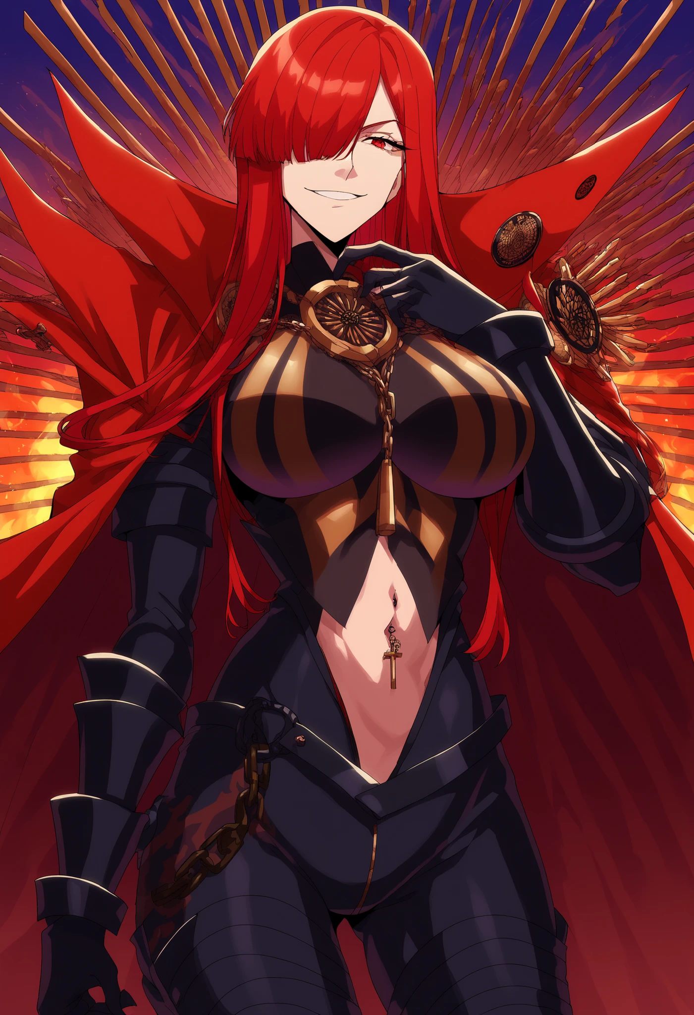 score_9, score_8_up, score_7_up, source_anime, oda nobunaga maou, hair over one eye, long hair, red eyes, red hair, large breasts,, armor, belt, black bodysuit, bodysuit, bracer, breastplate, cape, chain, collared cape, family crest, medallion, oda uri, popped collar, red cape, sheath, thighs,, backyard, barbecue, grilling, laughter, summer evening, , , hand resting on chin, solo,, cowboy shot, masterpiece, best quality, highly detailed, cross necklace, bodysuit, unzip zipper, navel cutout, exposed
navel, exposed bellybutton, , cleavage, smile, navel piercing, medium large breast , looking at viewer , dragon tattoo on waist , narrowed eyes , tattoo on waist , anipai_style , anime screencap , anime coloring , v-shape eyebrows