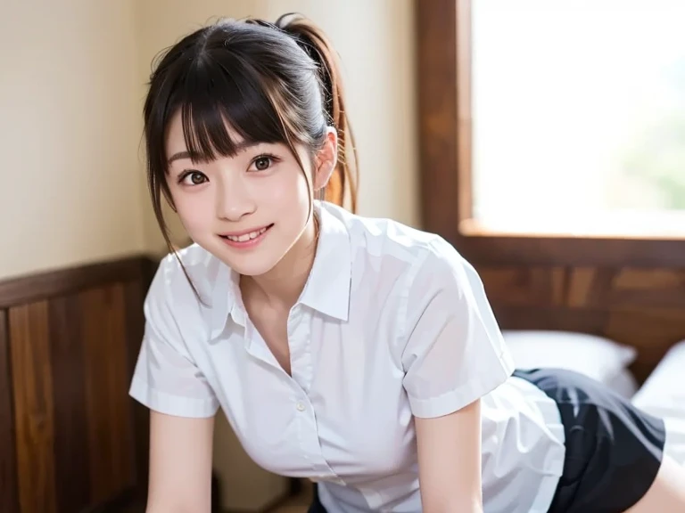 Highest quality、、 Compensate、masterpiece、アなphotograph、Ultra-high resolution、Realistic、Professional Lighting、Natural light、photograph、smile、Ultra slim、Delicate body、very cute、The cutest Erina Mano、Idle class、white肌、(Small breasts、Flat Chest:1.4)、(whiteＴPut on a shirt:1.8)、whiteパンティーを履く、Leaning forward、Her cleavage is visible