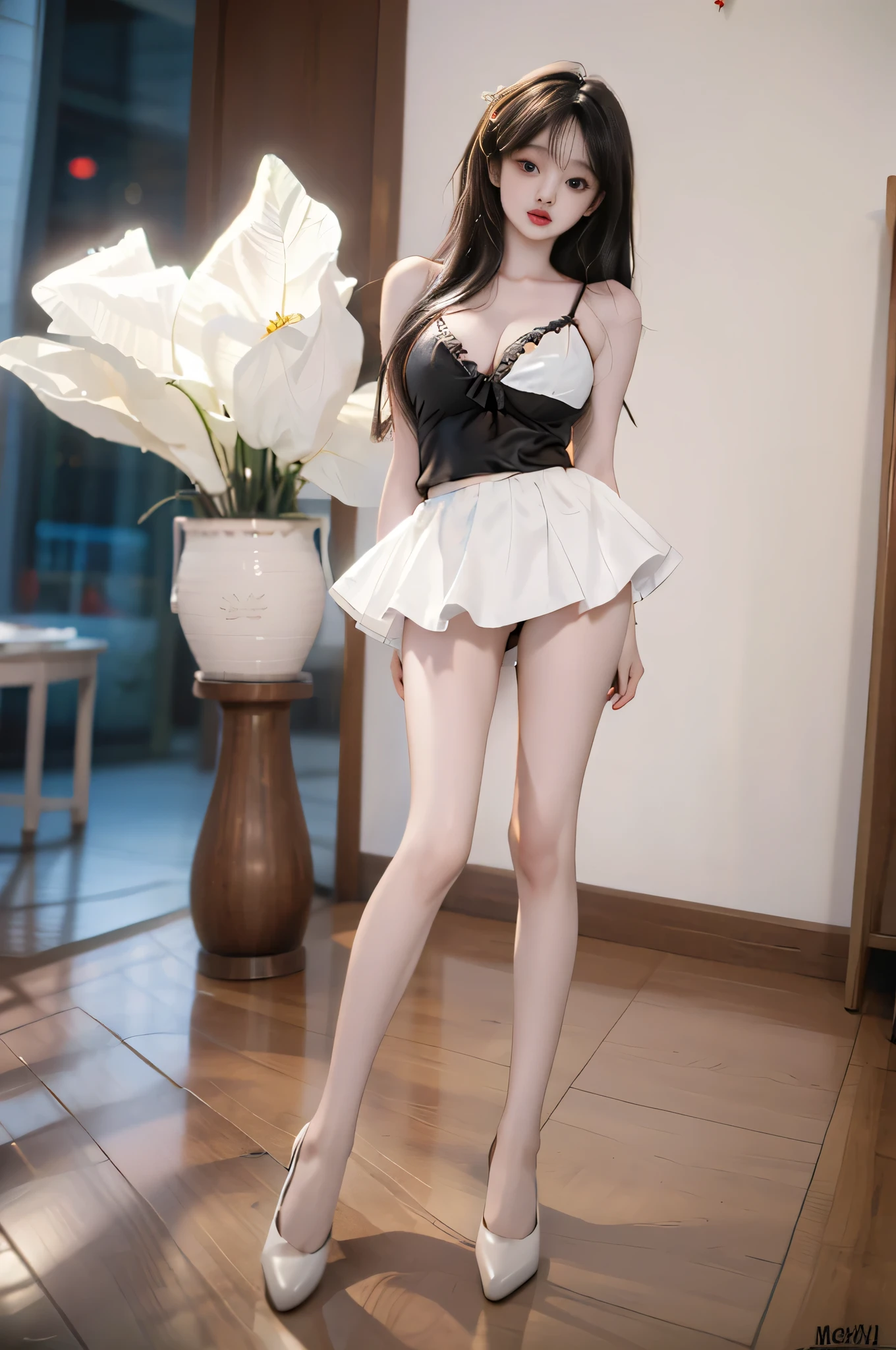 hidori, ,,((full body, from below)), (masterpiece, best quality, ultra-detailed, 8k), realistic, a beautiful sexy long-legged model ((Random scene)), ((Random posture)), (I-type Valley), (Full breasts, visible cleavage, very short skirt hem, exposed shoulders), (Tyndall Effect), (At night,:1.3 moonlight:1.3), seductive pose, perfect and symmetrical leg anatomy, soft natural lighting, (wind blowing gently:1.1), (ambient lighting:1.2), bokeh, cinematic shot, dynamic angle, professional photography, shallow depth of field, sharp focus, vibrant colors, (slightly tanned skin:1.1), (natural makeup:1.1), (delicate features:1.1)