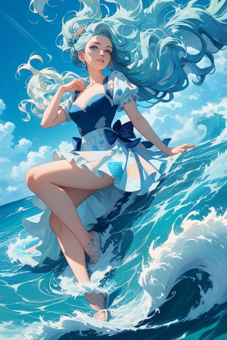 masterpiece,best quality,ultra high res,1girl,white dress,short dress, blue theme<lora:bluetheme_skywater:0.5>,sky,water,standing on water