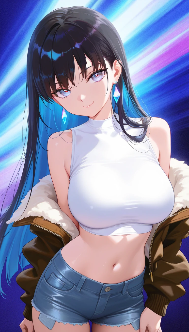 ((obra maestra)), ((mejor calidad)), (ultra detallado), ((extremadamente detallado)), 4k, (8K), mejor calidad, (Hermoso), estilo animado, mirar hacia arriba desde abajo, bar, Noche, una chica guapa, 1 chica, solo, traje, Hermoso rainbow hair, Hermoso blue eyes, ((Hermoso eyes)), De piel blanca, pendientes, cuello, sonrisa