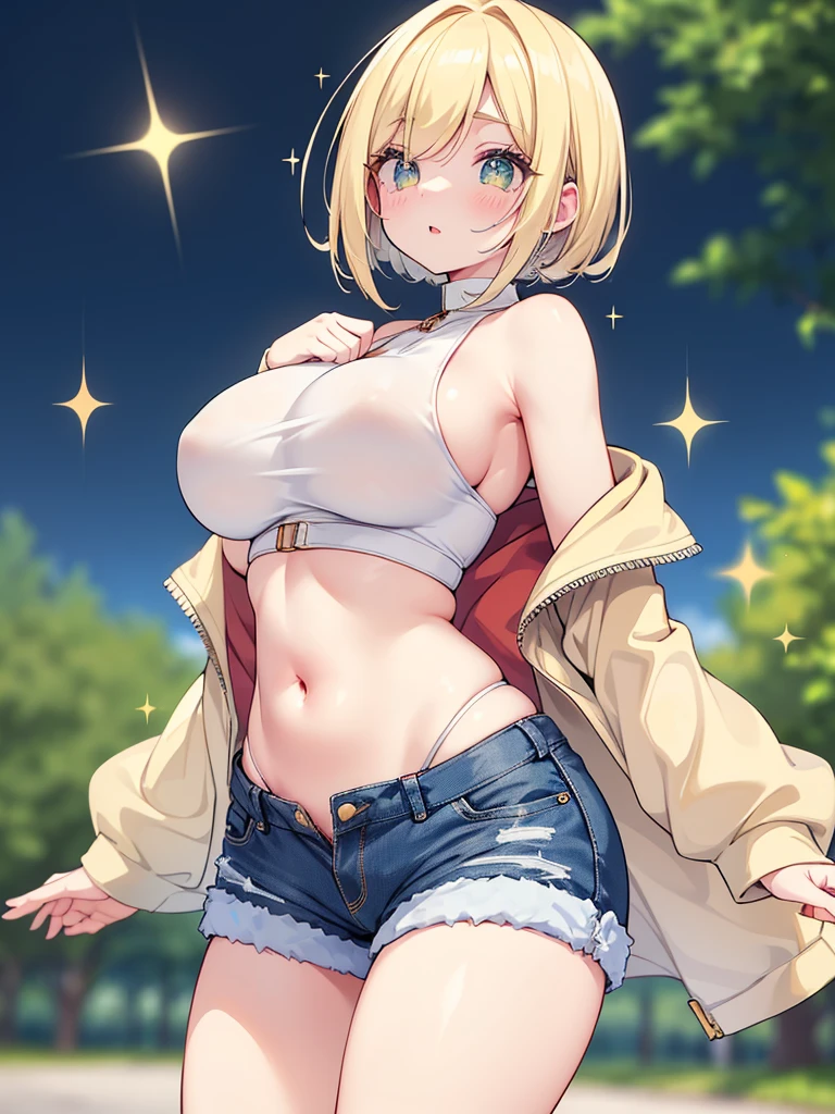 Anime illustration、highest quality、A short and voluptuous high school girl traveller、Tube top、A reciprocating engine plane parked on the runway、Perfect proportions、overwhelmingly big breasts、Beautiful, shining eyes、Blushed、smile、Cowboy Shot