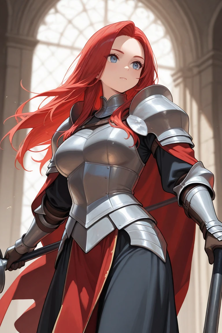 A knightly tall woman with curly red hair. She would also have green eyes and wear dark souls-style armor.
