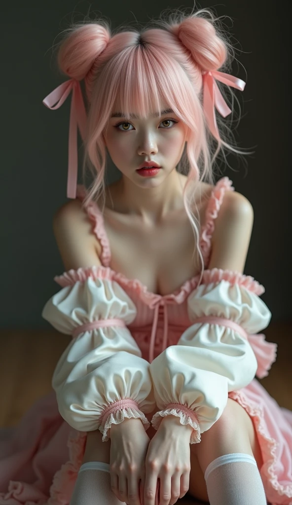 the most beatiful 12 years old teen, very young teen body, (finely detailed beautiful eyes and detailed face,sidelighting artwork,artwork,best quality,detailed,high resolution illustration),,(1 girl,whole body,bishoujo,bright skin),,(very long pink hair, detailed blue eyes) , lies on her side on an examination table, with her knees drawn up towards her chest, as she undergoes a rectal examination. The doctor, focused and professional, conducts the examination with care, using a lubricated gloved finger. The teen maintains a composed but slightly apprehensive expression as the examination takes place. Soft light fills the room, creating a sense of calm and reassurance, spliting legs, very open legs, very thin legs, very small breasts, small vagina, very young teen body