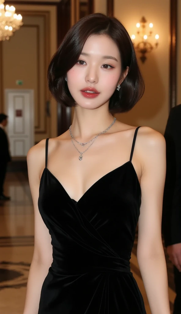 masterpiece:1.2, Very detailed, Ultra-high resolution, Realistic, photo Realistic:1.6, High-resolution RAW color photos, Professional photos, Sharp focus:1.2, Very detailed顔と肌の質感, Very beautiful eyes, Glossのある肌, Glowing Skin, Glowing Skin, Shining Face, Gloss, Oily skin, greasy face, Oily skin, greasy face,, real Glossのある肌 texture, Perfect Anatomy, Very detailed背景,(Ultra luxury resort),1 female,25-year-old woman, Japanese women,height: 168cm,short hair, Straight hair, bangs, Brown Hair,(Flat Chest:1.6),Slender legs, (A very sheer, black, luxurious silk mini party dress:1.6),(take off your clothes、Upper body naked:1.6),Luxury earrings、Luxury Necklace、