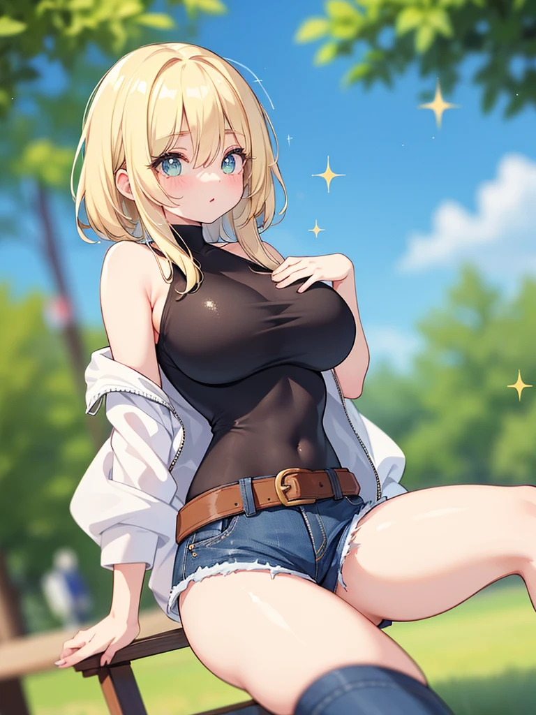 masterpiece, best quality, 1girl, solo, mature female, venusbody, straight hair, short hair, blonde hair, blue eyes, white t-shirt, black pants, outdoors