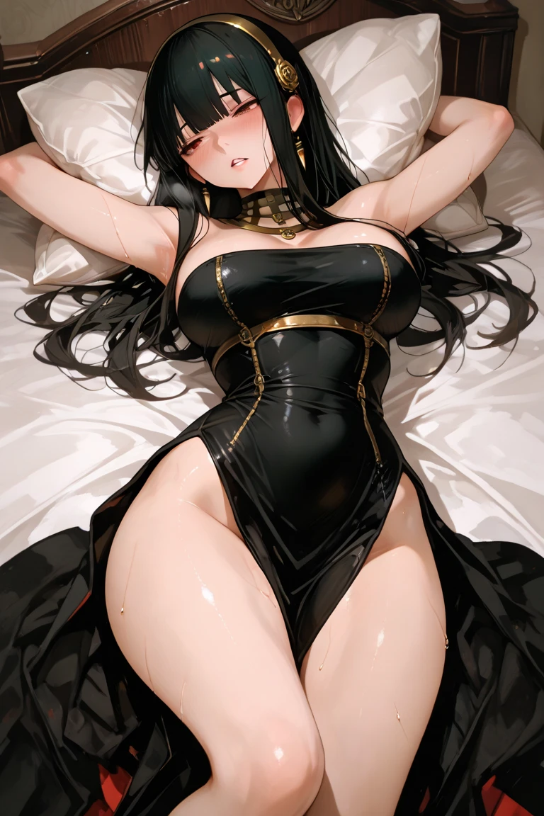 1 girl,highest quality,Super high quality,Ultra-high resolution,anime characters,beautiful eyes,Detailed contours,sweat all over,black hair,beautiful big breasts,Angle from below side,open your mouth,Hide only the nipples,beautiful feet,my nipples are erect,cleavage,China dress,Belly exposure,blush,sit on the bed,18 year old female,A chest that is about to burst,Doggy,underboob,
