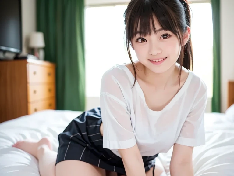 hight resolution、high-level image quality、in 8K、Real live-action、生a picturegraphy、top-quality、masterpiece、超hight resolution、生a picture、ren、Beautiful fece、masutepiece、((Obscene content))、For adults、charm of 、absurderes、((((10yaers old))))、((((Japan elementary school students))))、Japan Girl、((with round face))、Cute little face、((Glowing face))、((((Flushed cheeks))))、(((((Shy laughter)))))、A little clumsy face、de pele branca、、Smaller chest、kne、 thighs thighs thighs thighs、独奏、fullllbody、Very nice、校服、 Pleated skirt、((Pubic area))、(Mansuji)、White panty、sitting on、(Photorealsitic:1.37)、Photon mapping、Realistic、Radio City、Physically Based Rendering、depth of field rally background、a picture、(((a junior idol in Japan)))、Sparkling eyes、shiny lip、too bright natural light、The Bright Sun、Too bright sunlight、Looking at the camera、校服、lying on one's side on bed, dakimakura
