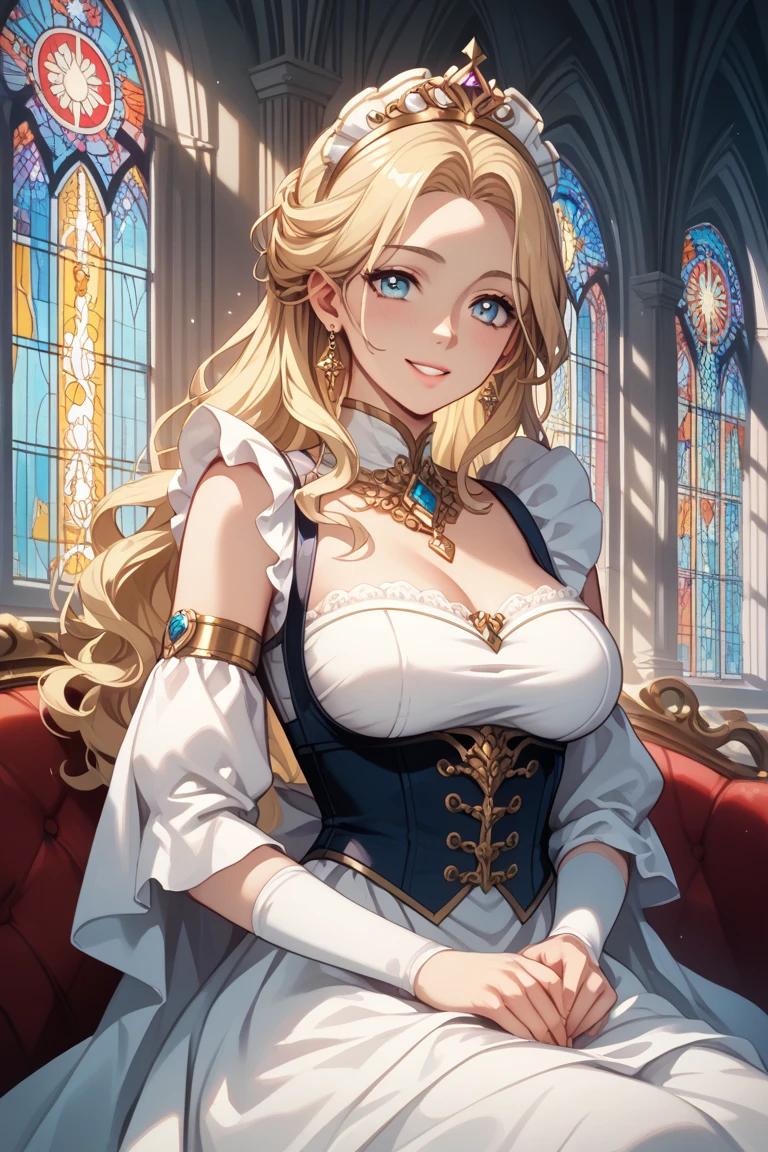 （Best image quality）,masterpiece,8k wallpaper,One Woman,22 years old,Europe,（（German folk costume））,(Blonde，Golden eyebrows)，((Large Breasts)),Cleavage,((Brown Skin:1.4)),.On all fours,Looking up at the audience,Captivating smile，Pink Cheeks，The background is a German village,Natural soft light,frontage,70 degree angle of view