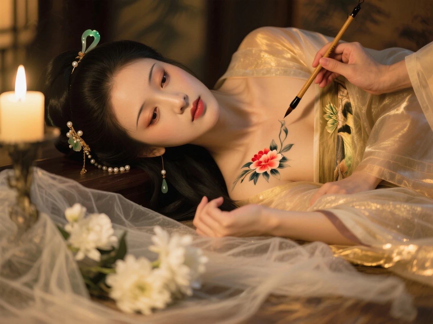 The Empress of the Qing Dynasty is sleeping naked in the luxurious Empress's Bedroom in the Chinese Royal Court The Empress of the Qing Dynasty is wearing the name of the Empress of China and has her hair tied up in the back Angle seen from above