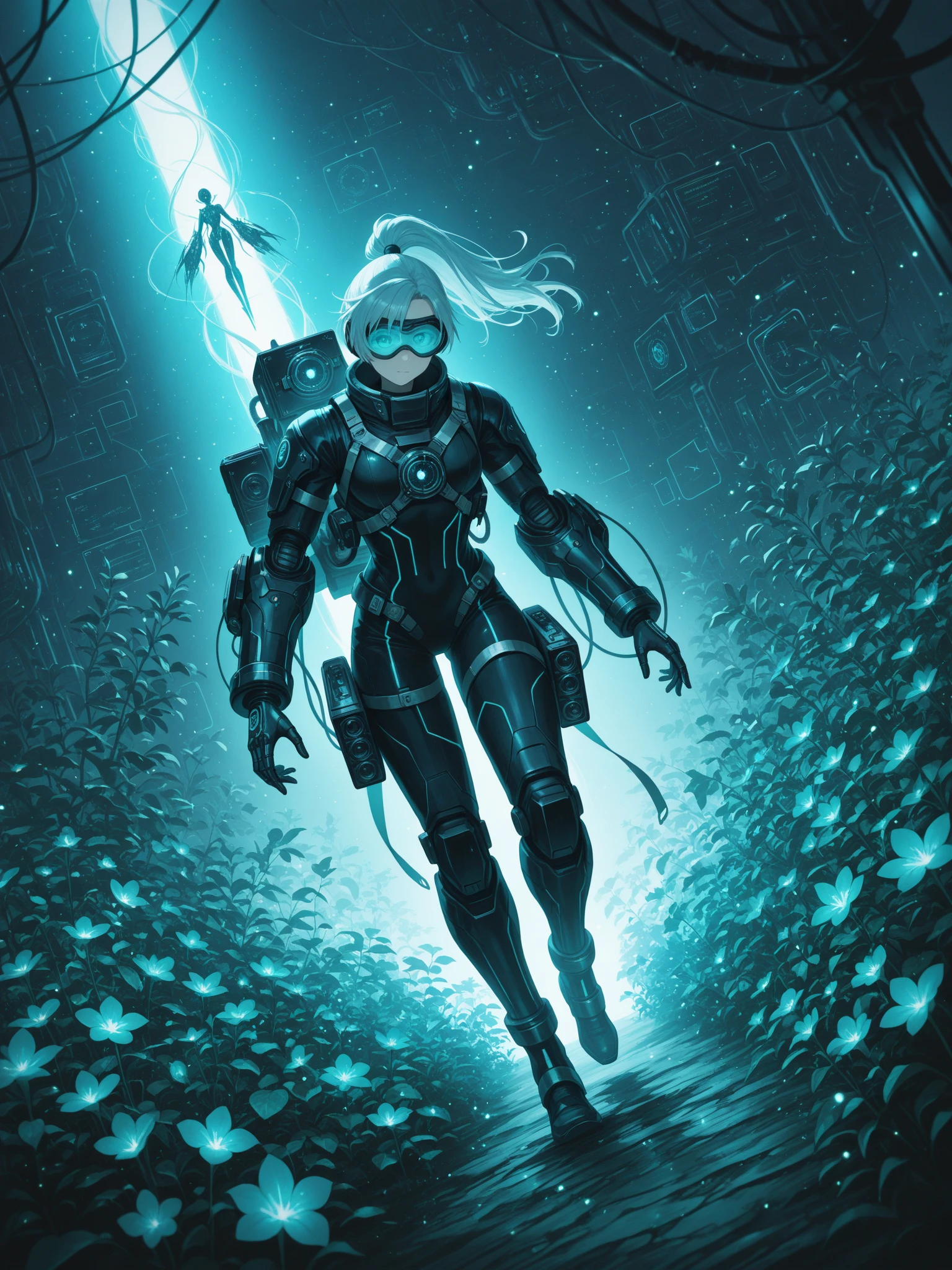 The girl wears futuristic power armor and runs on a glowing path，Surrounding plants shimmer，A figure floats in the sky in the distance，The scene is filled with the mysterious atmosphere of cyberpunk